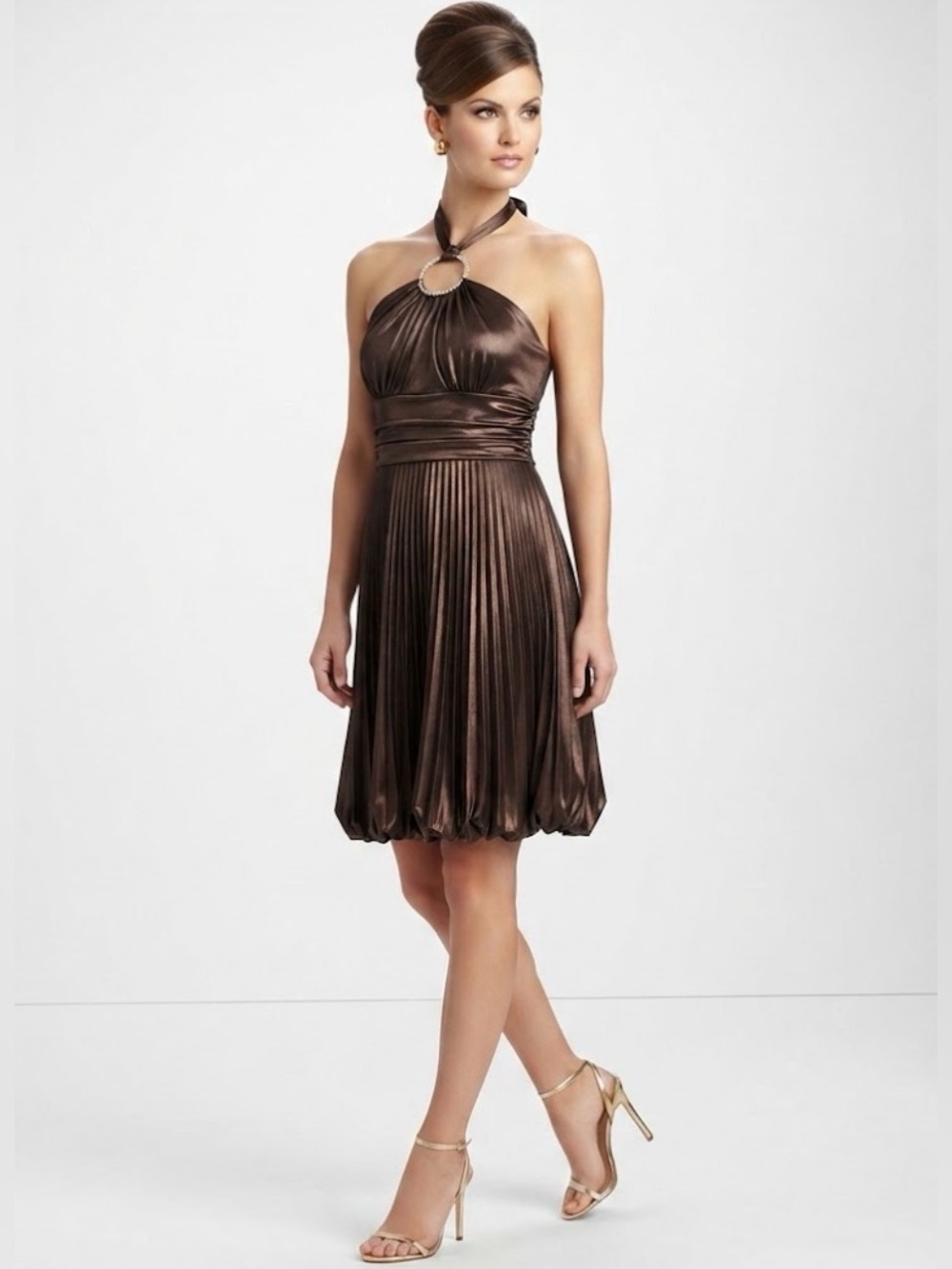 Cache Vintage Y2K Rhinestone Halter Pleated Satin Cocktail Dress Brown Size 4